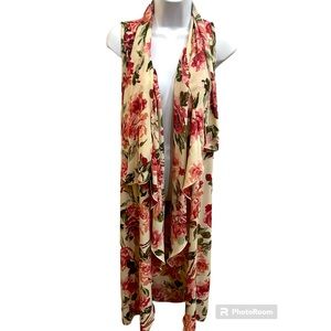 Lightweight Sleeveless Draped Floral Print Open Front Cardigan Vest